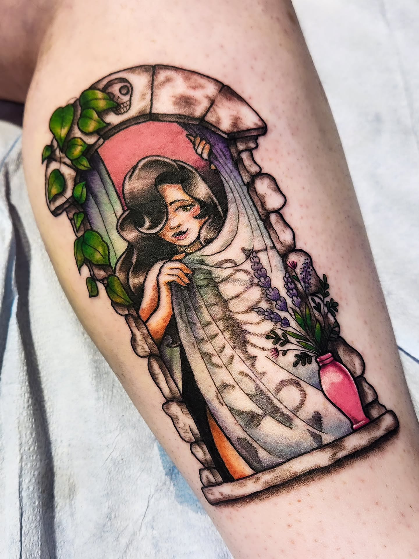 Woman with shawl illustrative tattoo on the thigh by Amanda Boyd - Duh!