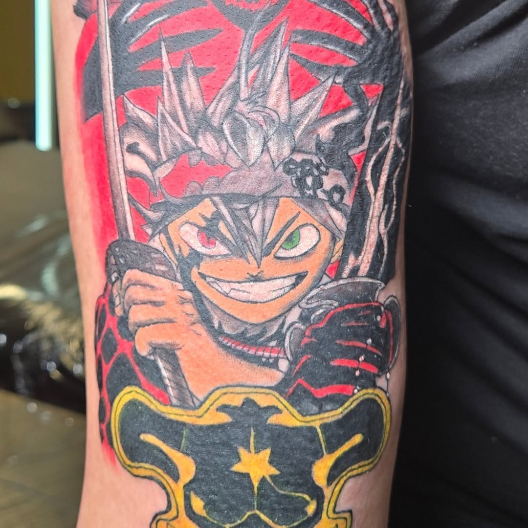Asta from Black Clover anime tattoo on the forearm by Lee Styles π¨
