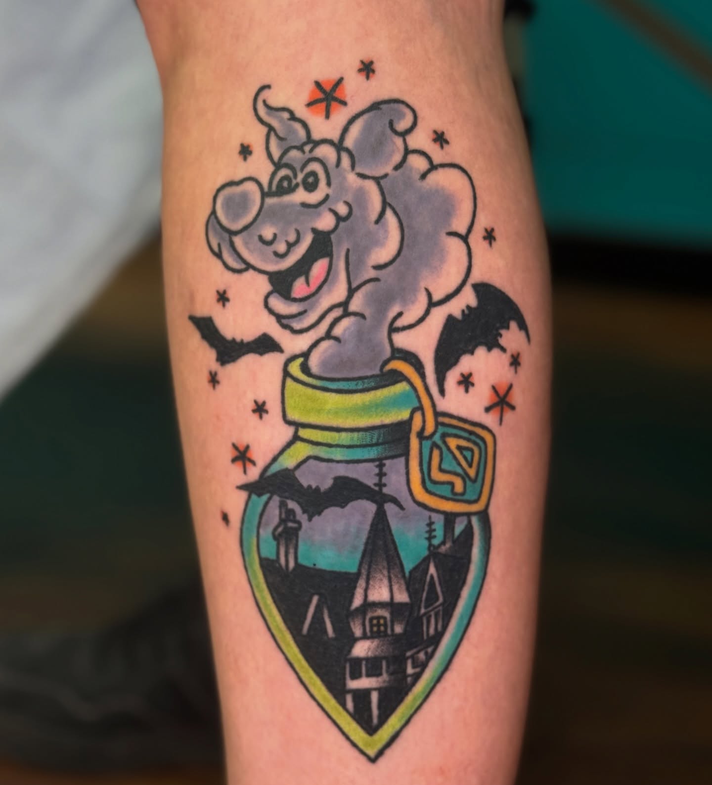 Smiling cloud American traditional tattoo on the forearm by π Erin Stephens π€