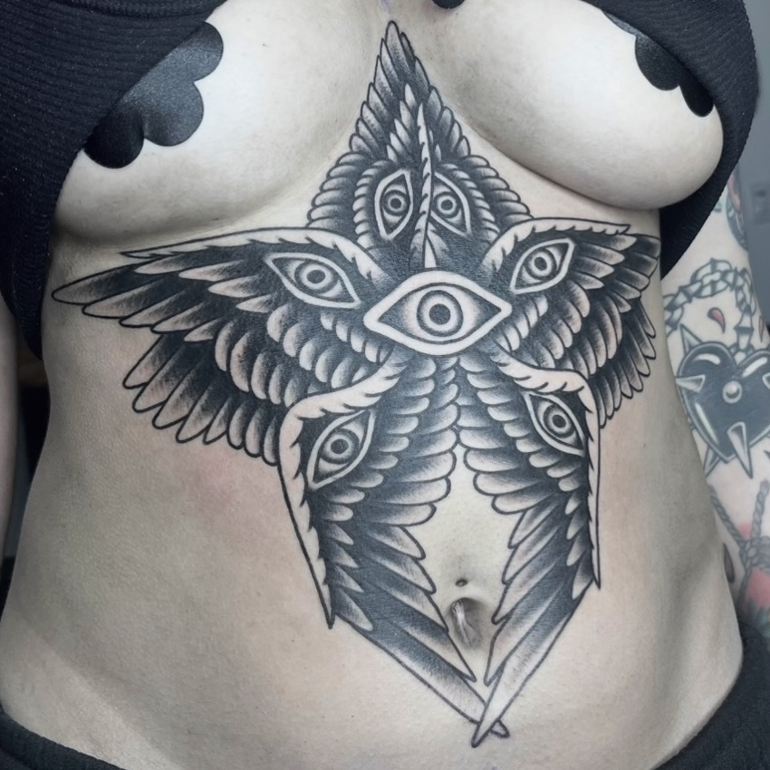 Owl black and grey tattoo on the ribs by andrewtattoos