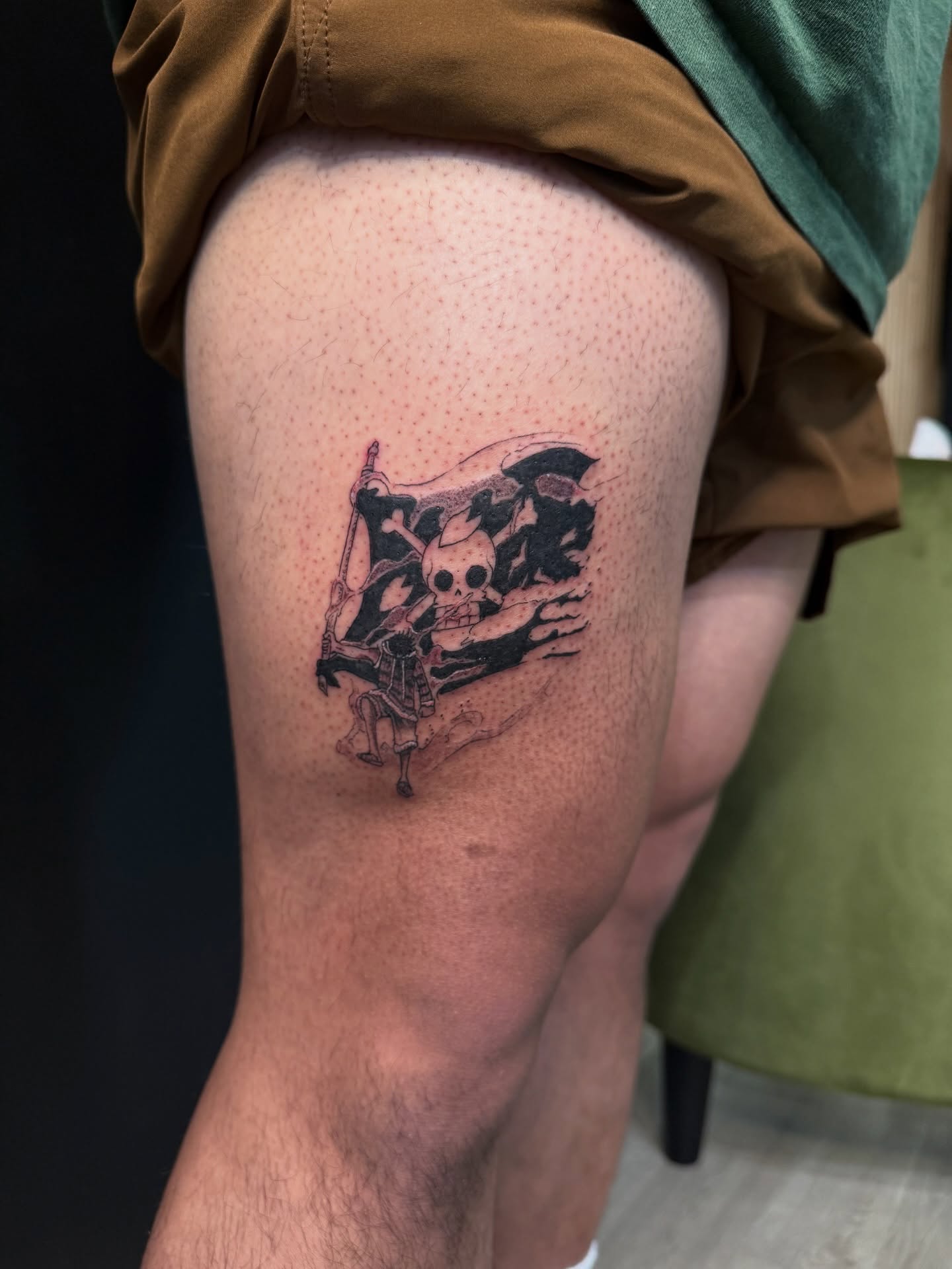 Pirate skull and flag dotwork tattoo on the thigh by dewduls :), Berkeley, California