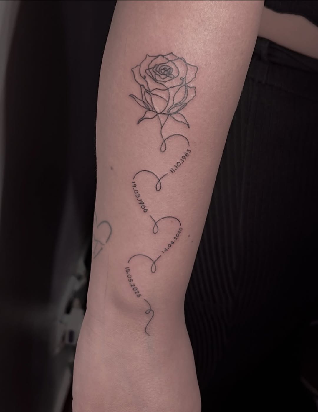 Rose and dates minimalist tattoo on the forearm by Stefany🩸