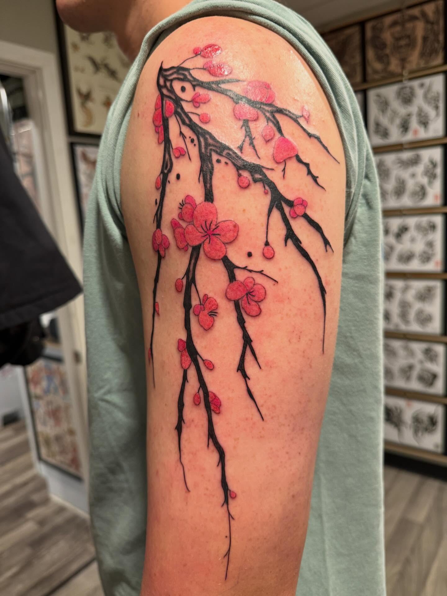 Cherry blossom branch dotwork tattoo on the forearm by P R O P H e T T R A V I S