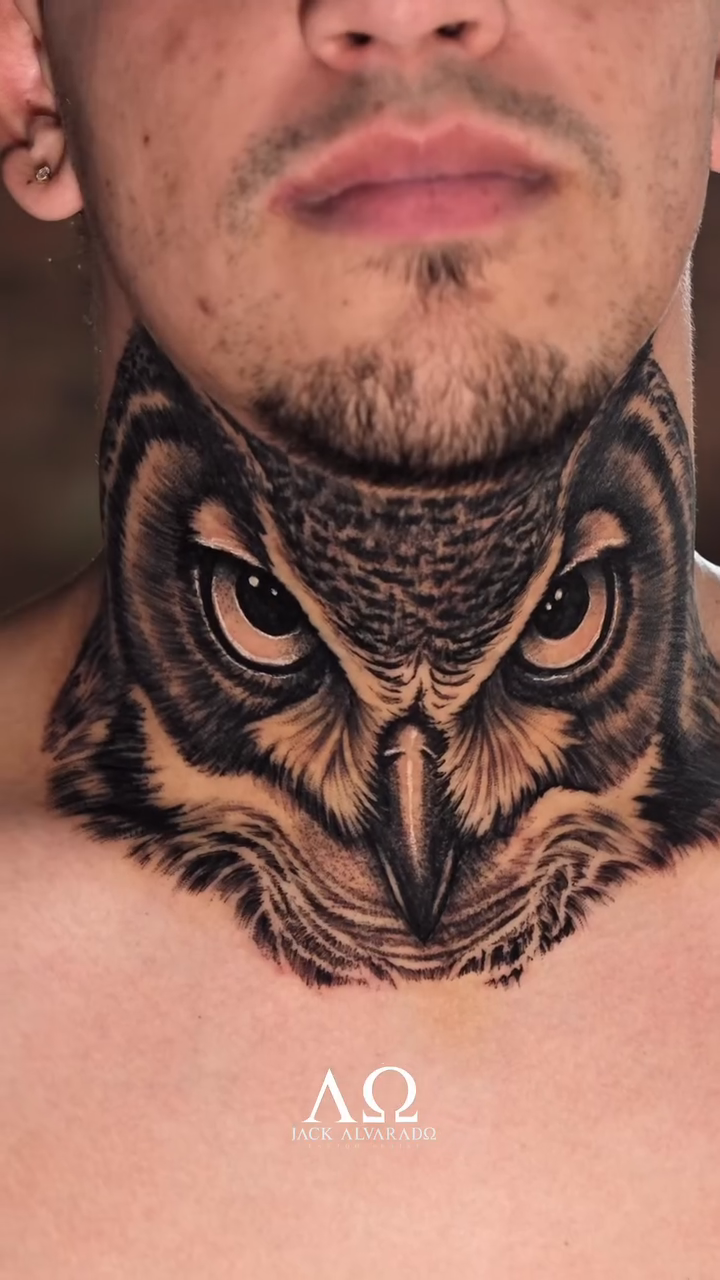 Owl face realism tattoo by Jack Alvarado.