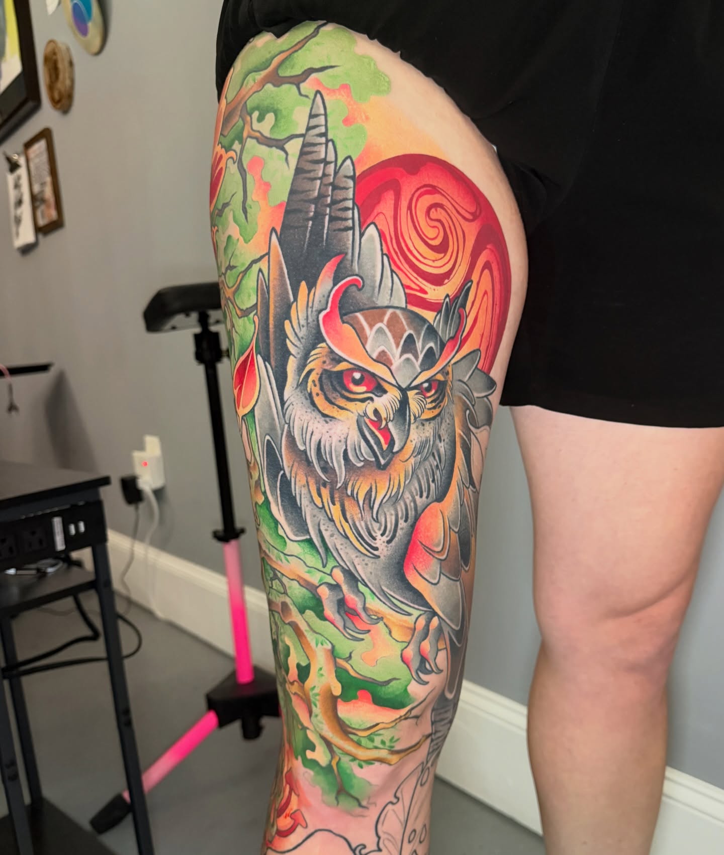 Owl japanese irezumi tattoo on the thigh by Sam Castro