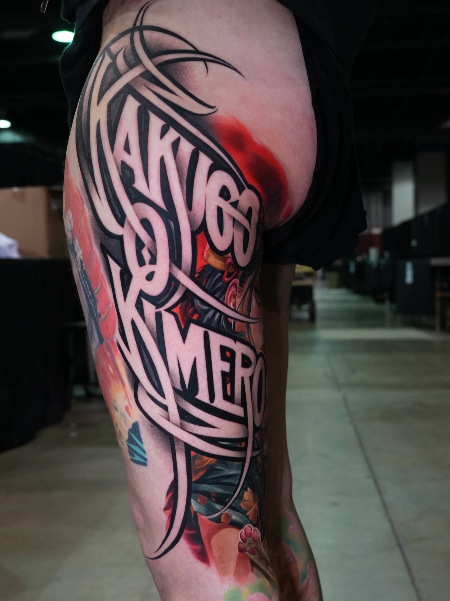 Tattoo by @josecamarillotattoos — lettering_script, trash_polka