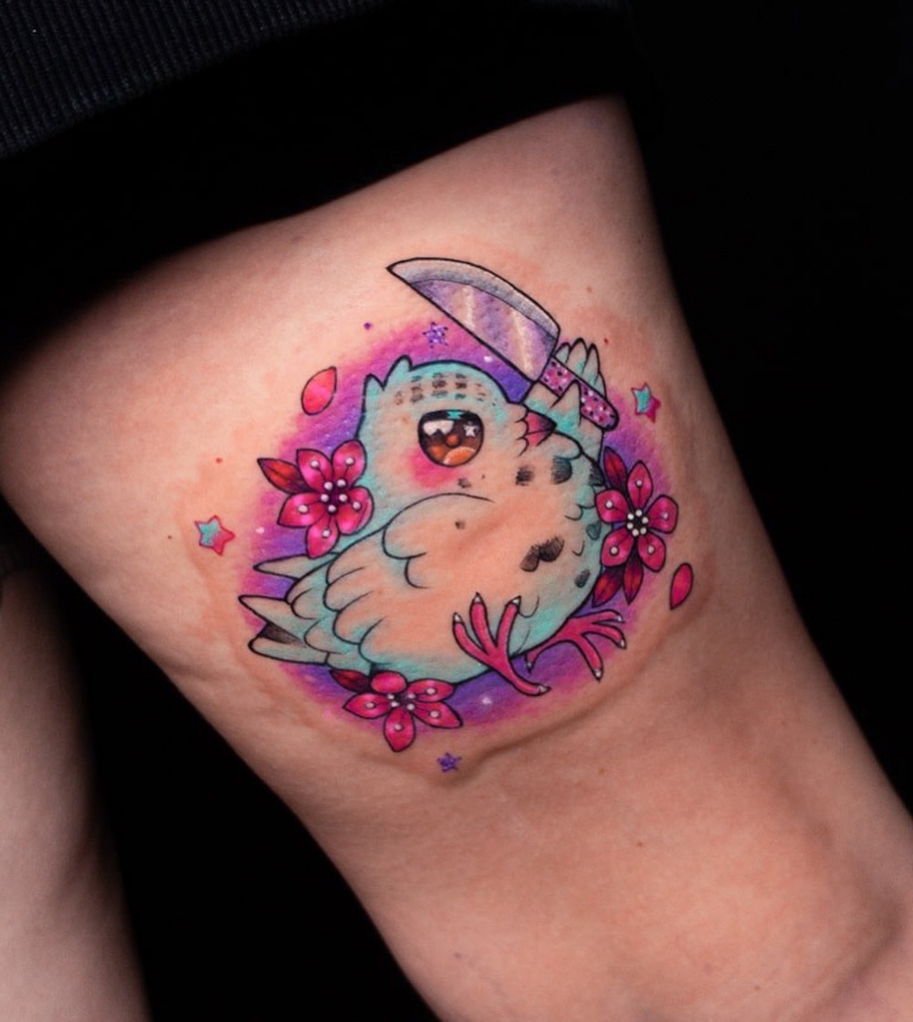 Owl with knife watercolor tattoo on the thigh by 🖤 Xamy ∆rt (◍