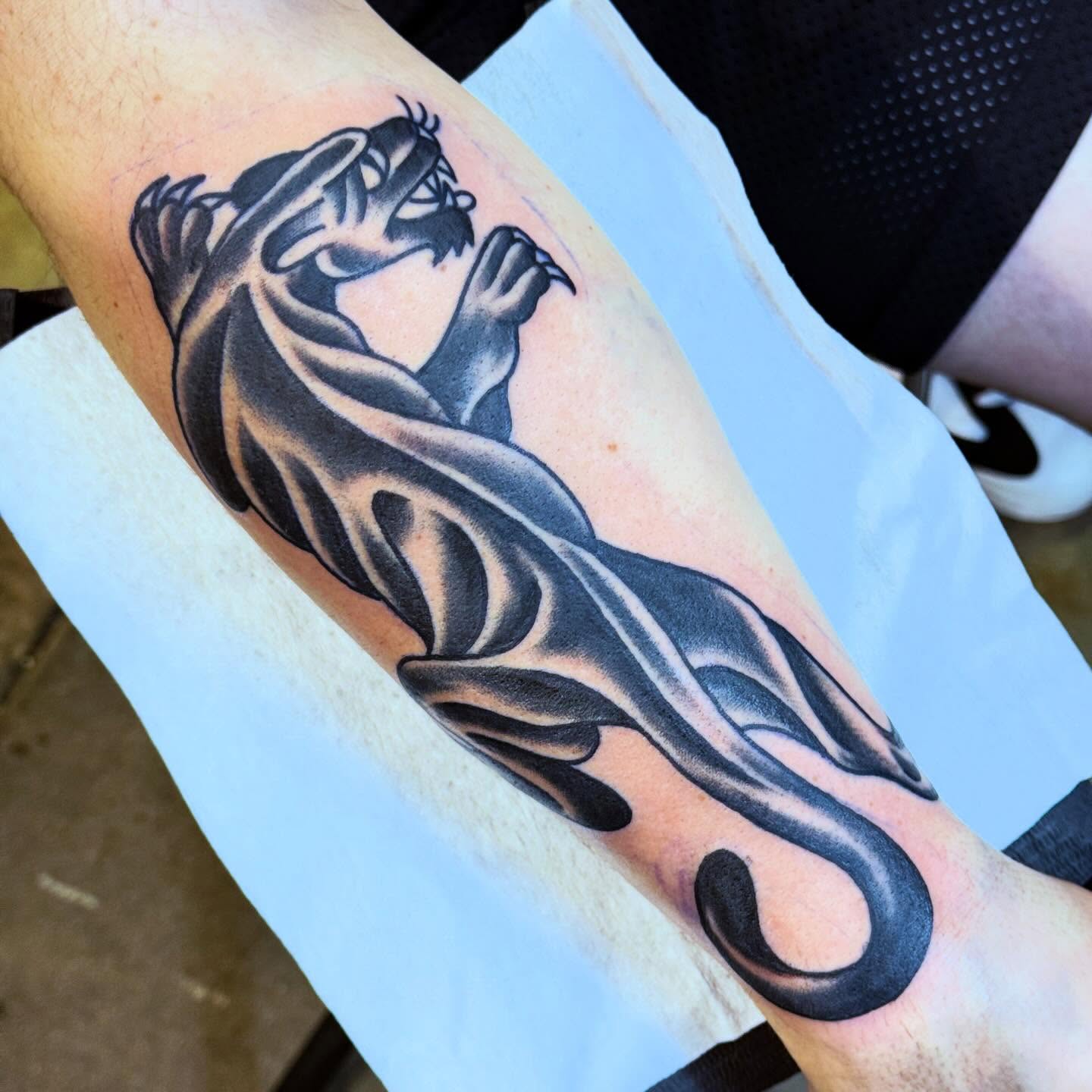 Roaring panther black and grey tattoo on the forearm by Jack Hatchet Tattoos