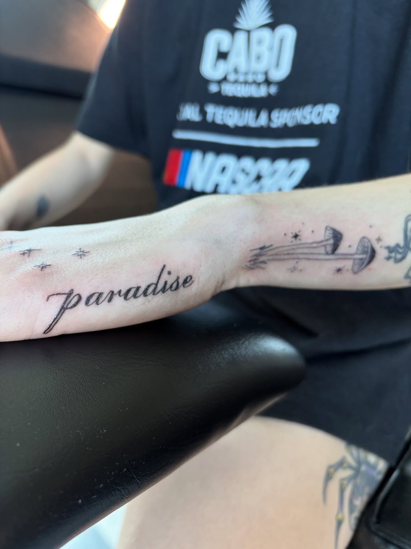 Paradise lettering script tattoo on the forearm by Cece, Las Vegas, Nevada