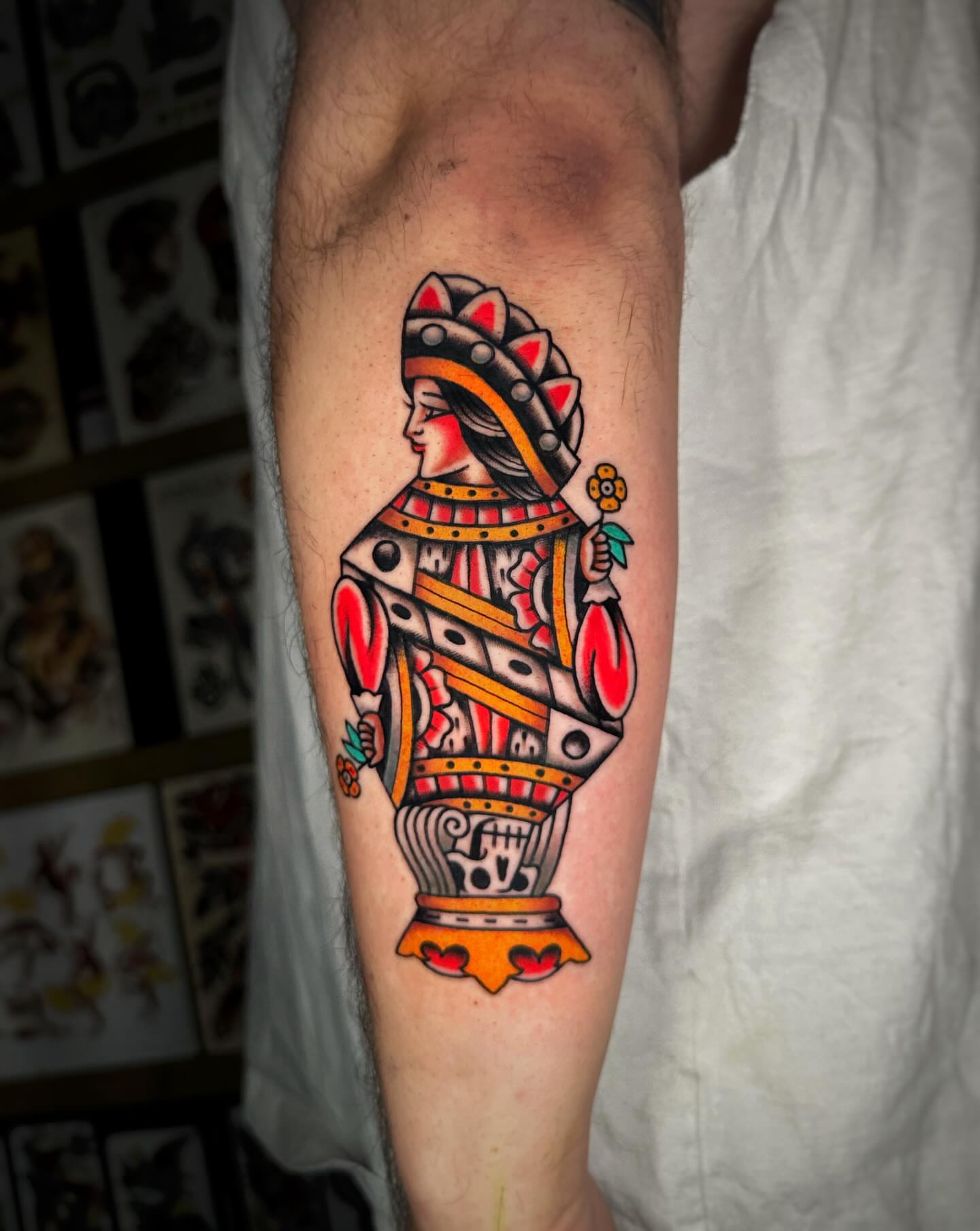 Queen American traditional tattoo on the forearm by Alex Finnerty, Reading, Massachusetts