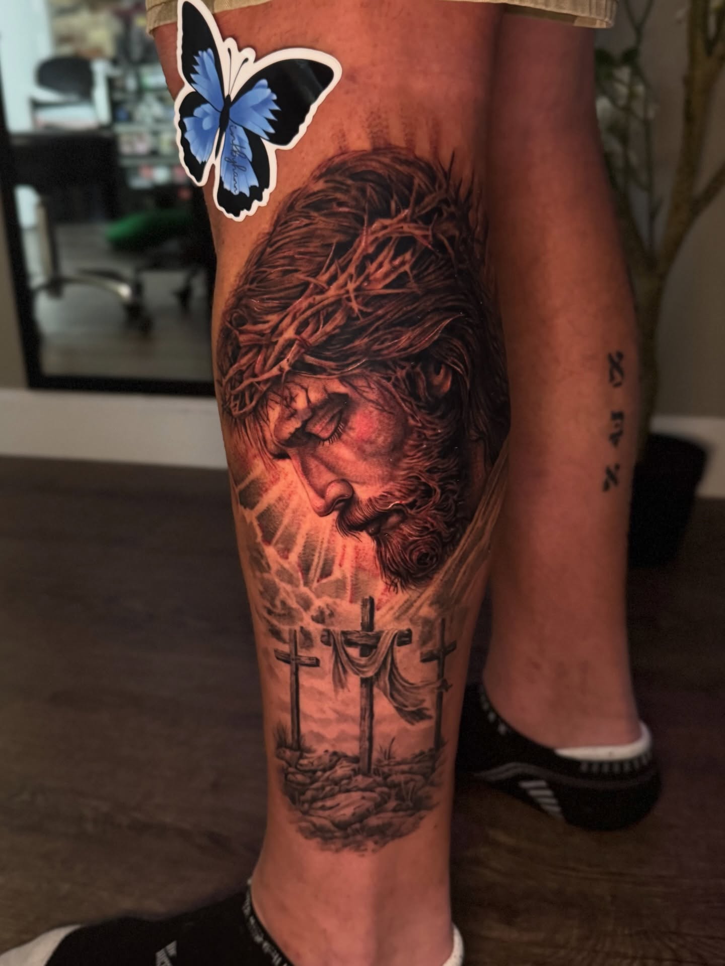 Jesus Christ realism tattoo on the calf by Hannah Marie ๐ฆ, Benbrook, Texas
