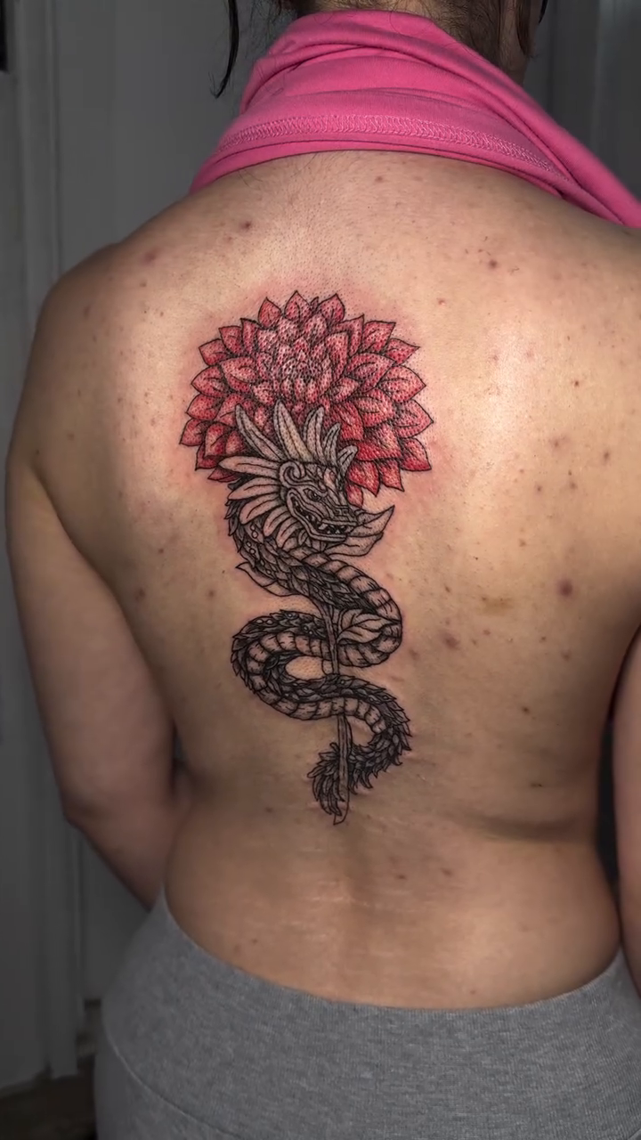 Dragon and lotus flower tattoo geometric tattoo on the back by Victoria