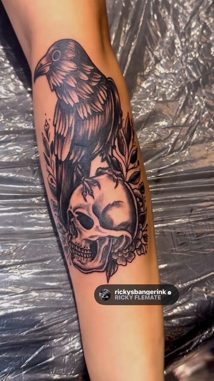 Raven and skull realism tattoo by Ricky Flemate, San Antonio