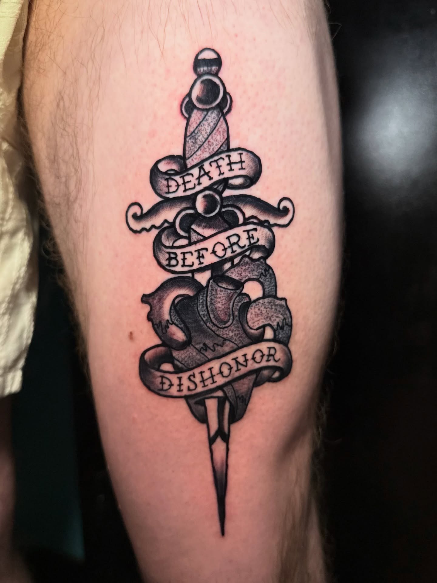 Sword and ribbon American traditional tattoo on the forearm by Mark Johnson [Tattoo Artist]