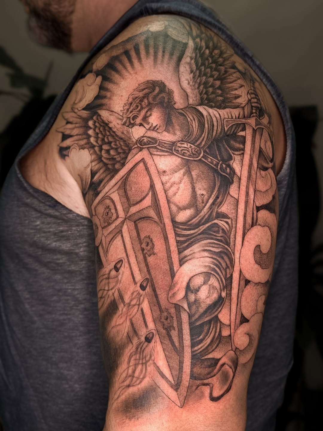 Archangel Michael with sword and shield realism tattoo on the upper arm by James Hix - Tattoo Artist, Fort Worth, Texas
