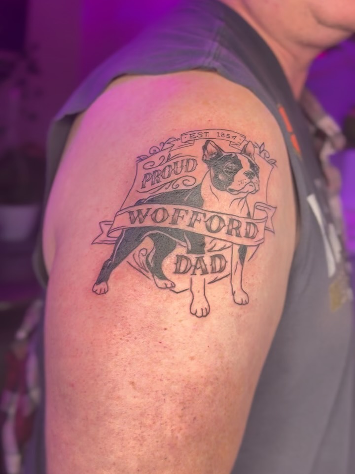 Bulldog black and grey tattoo on the shoulder by Tattoos by Santos