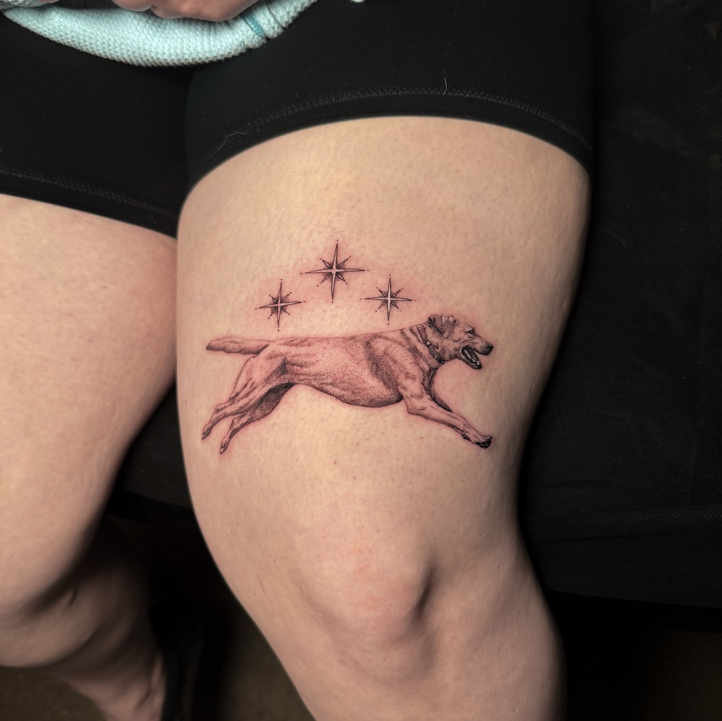 Dog running with stars realism tattoo on the thigh by Brisia Cisneros