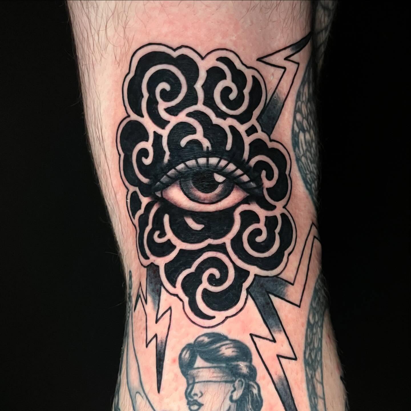 Eye within cloud American traditional tattoo on the forearm by CJ Ligocki - Ferndale Detroit Michigan Tattoo, Ferndale, Michigan
