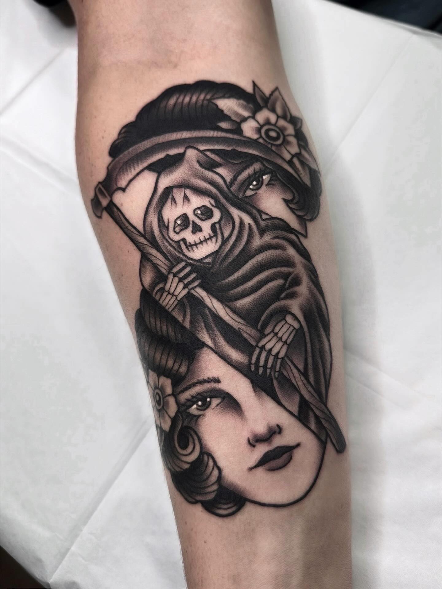 Reaper and woman American traditional tattoo on the forearm by Trav, Bayville, New Jersey