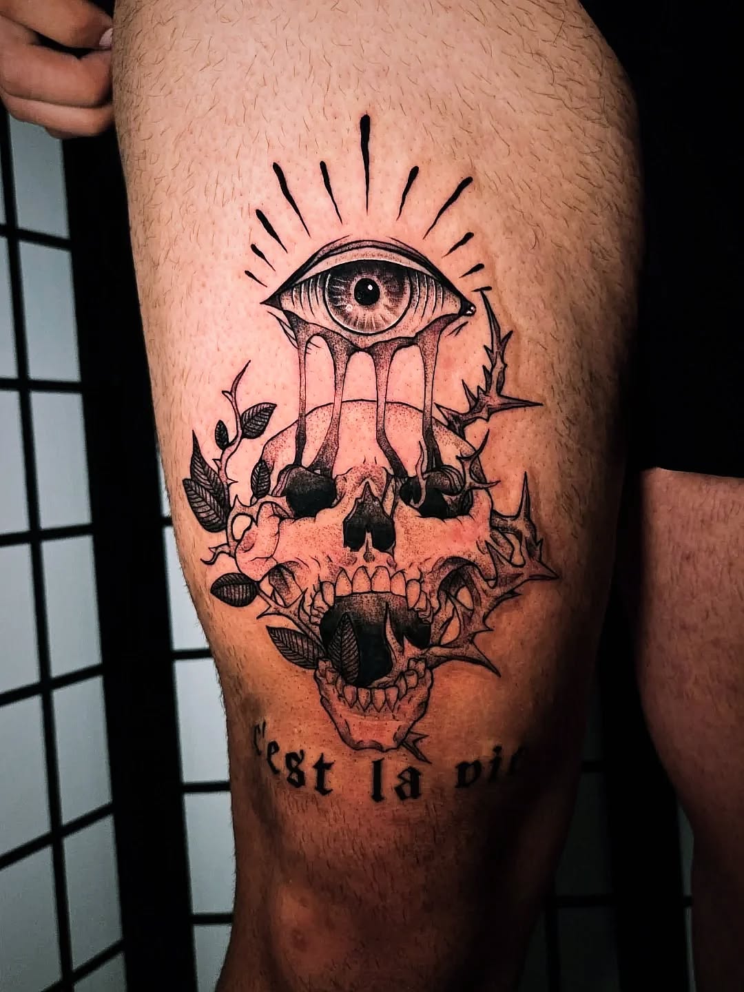 Tattoo by @johnnyloudertattoo — dark_realism, lettering_script