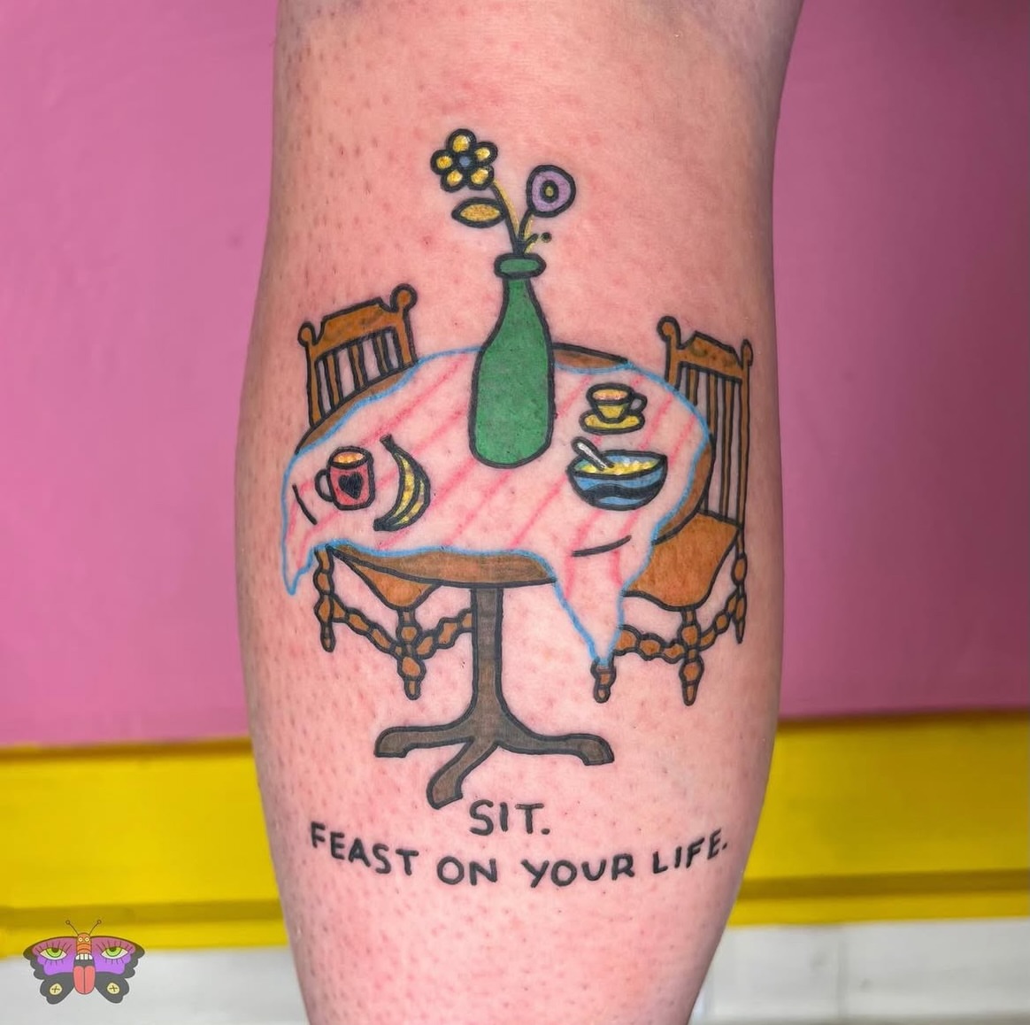 Table setting illustrative tattoo on the forearm by Jess Koala, San Francisco, California