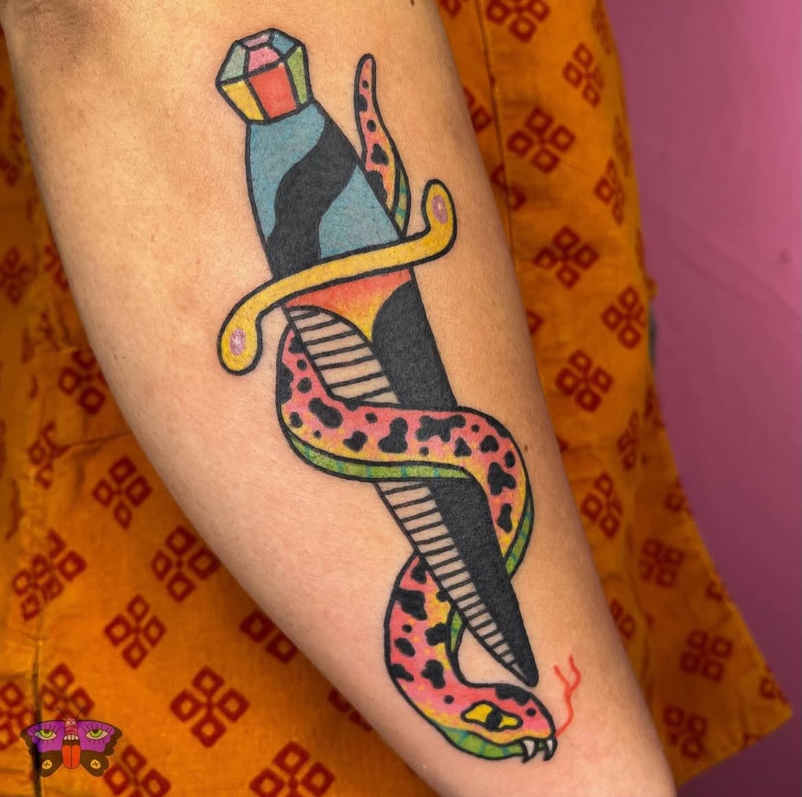 Snake and dagger American traditional tattoo on the forearm by Jess Koala, San Francisco, California
