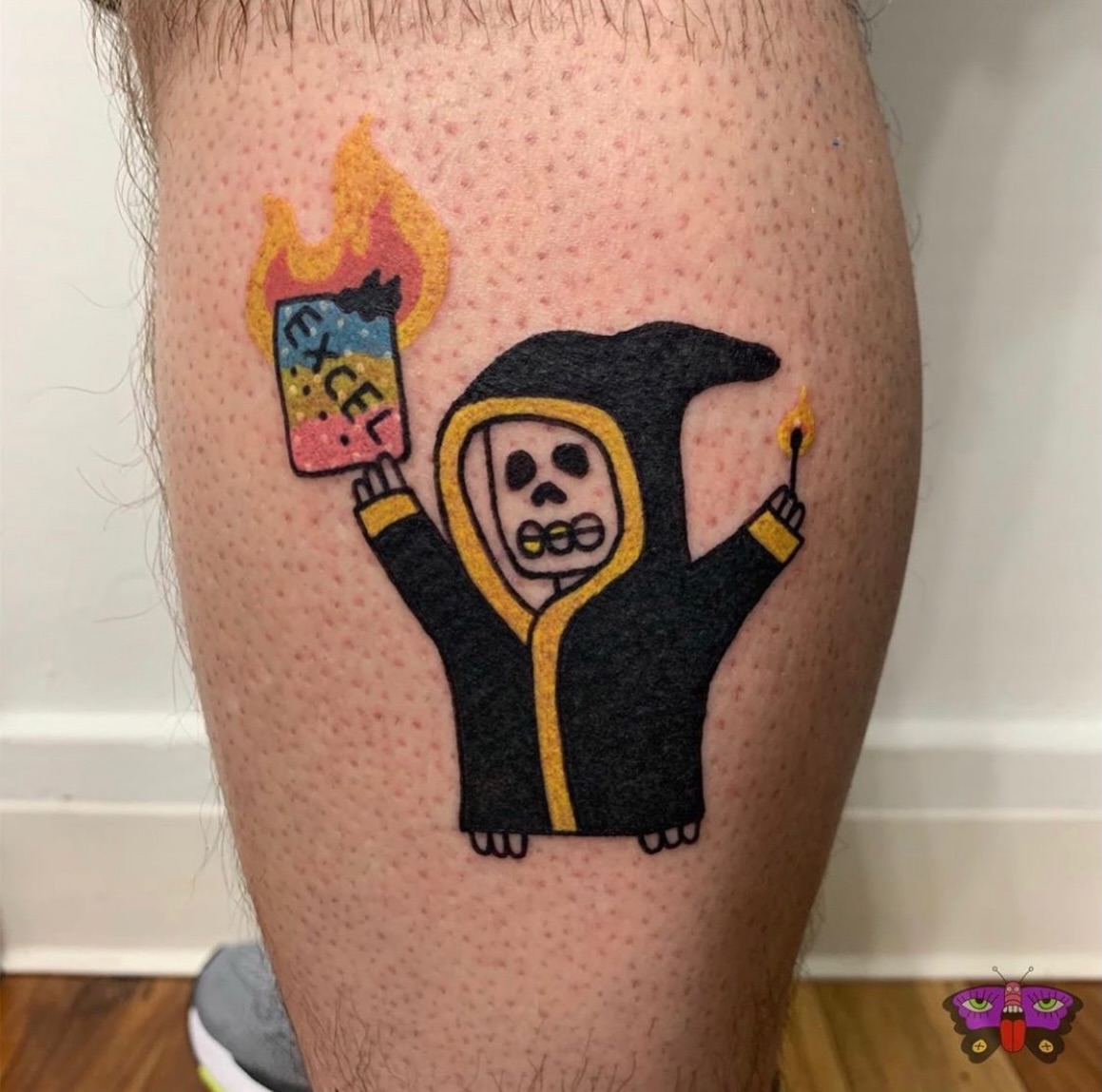 Skull in hoodie dotwork tattoo on the thigh by Jess Koala, San Francisco, California