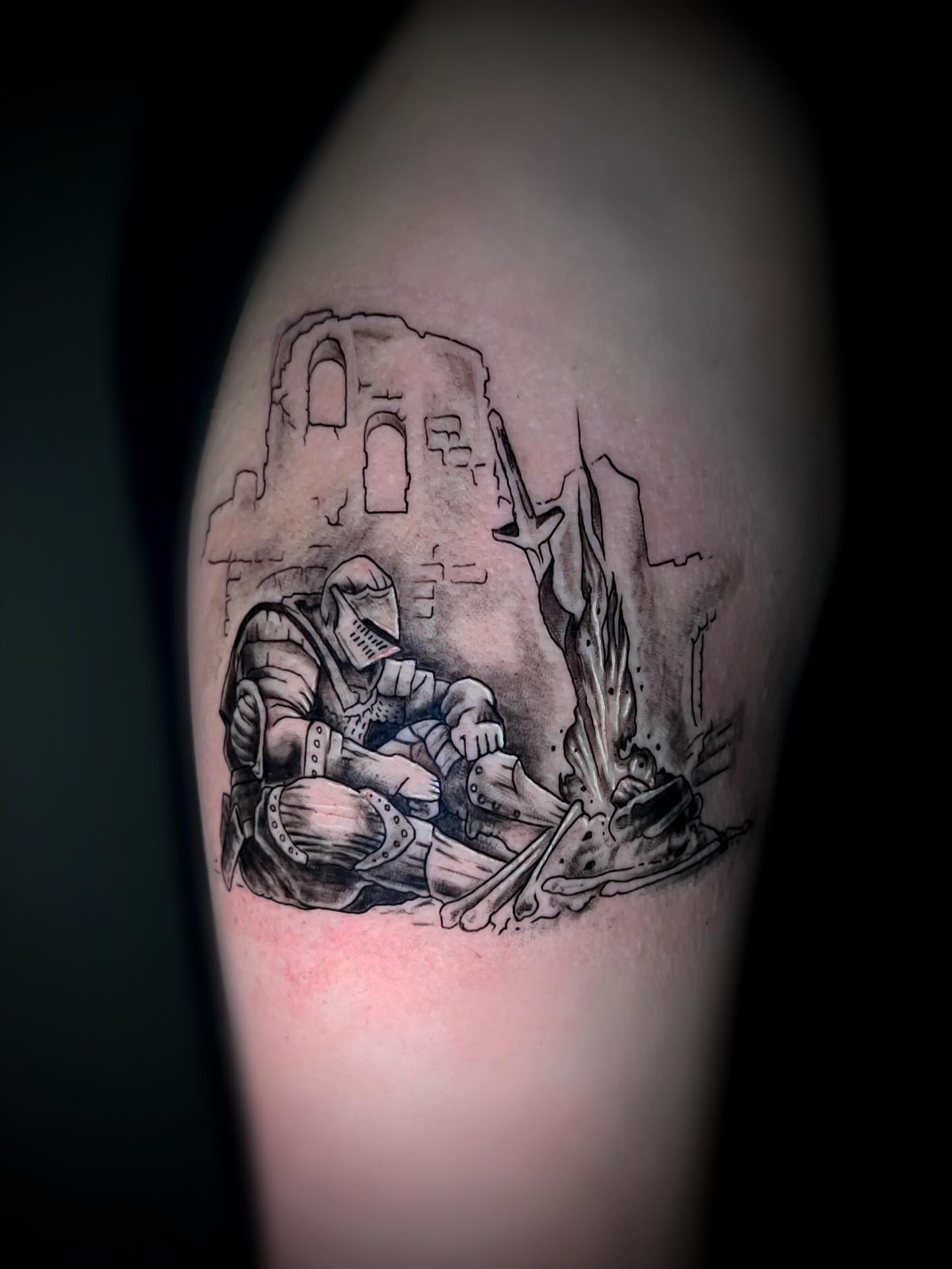 Medieval knight realism tattoo on the forearm by Saint