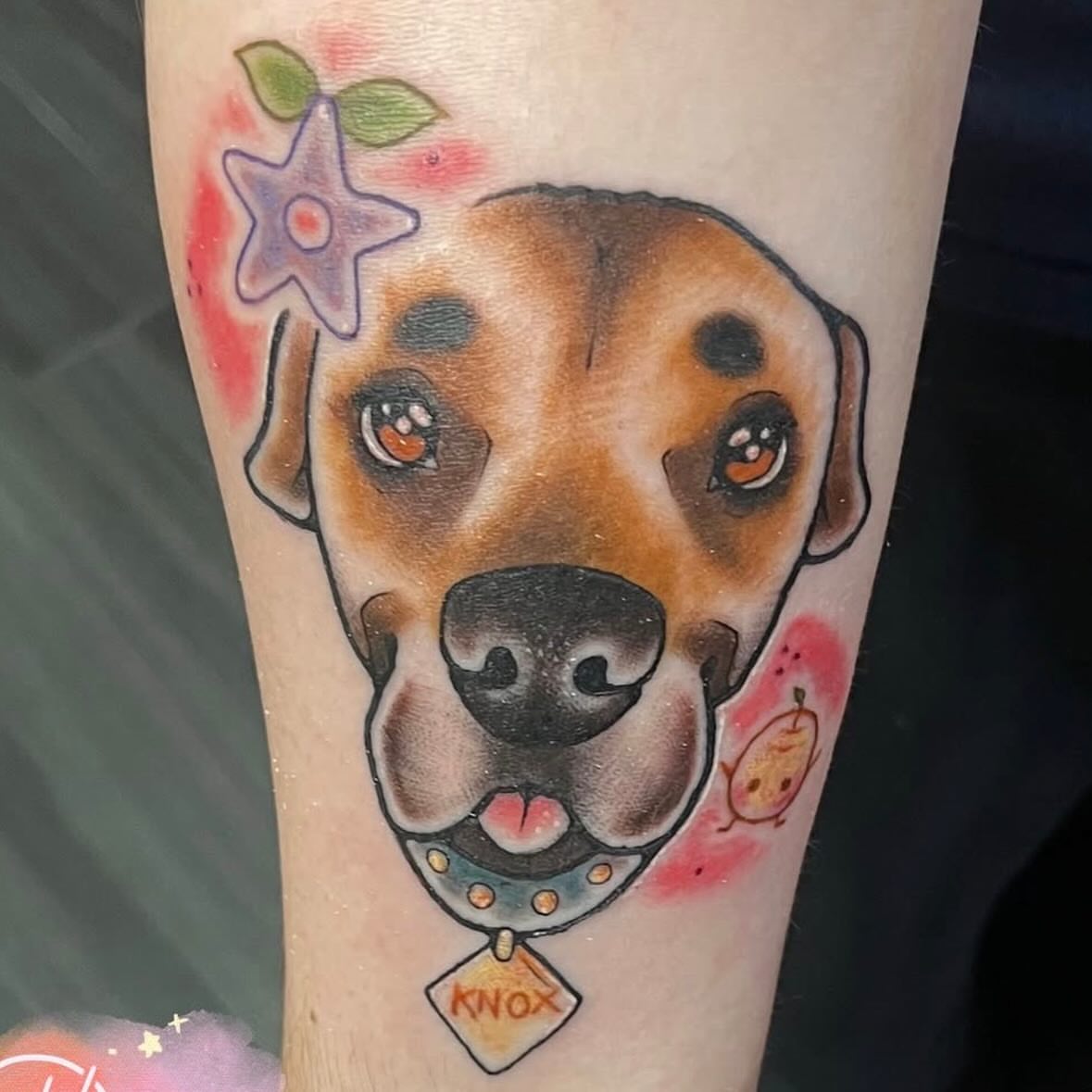 Dog realism tattoo on the forearm by Chloe ‘baby’ Martin