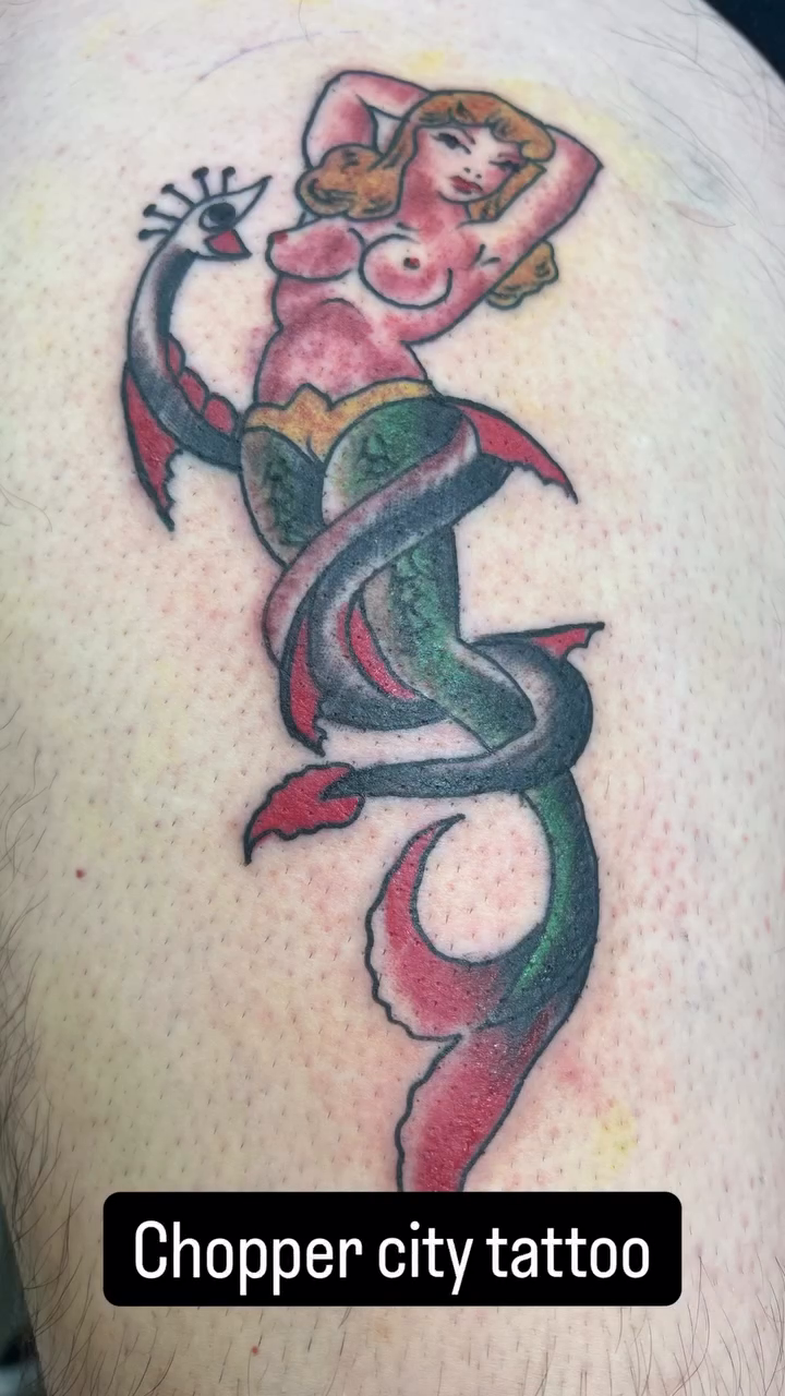 Mermaid with snake neo-traditional tattoo on the upper arm by Davidsteeletattoos, Dallas, Texas