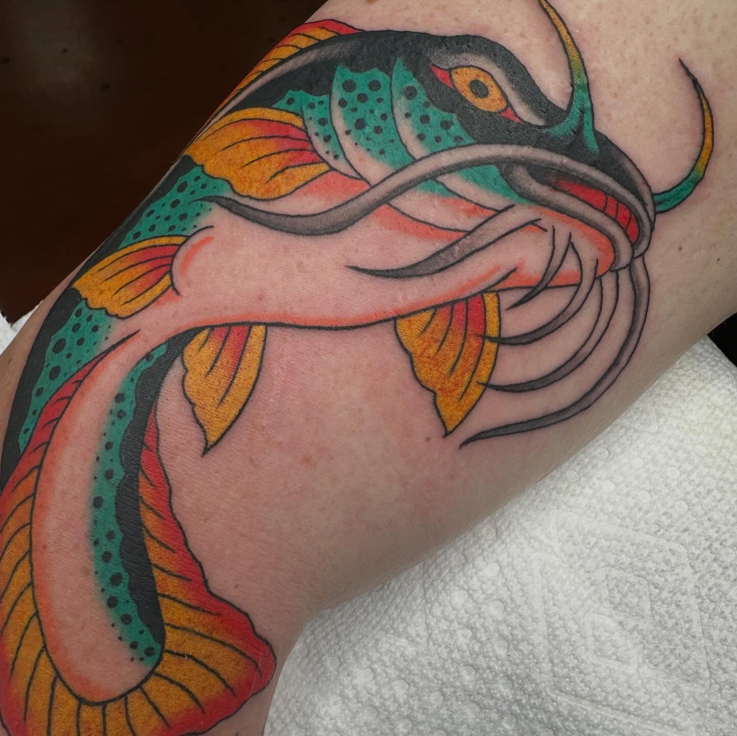 Catfish American traditional tattoo on the forearm by Austin Murfitt