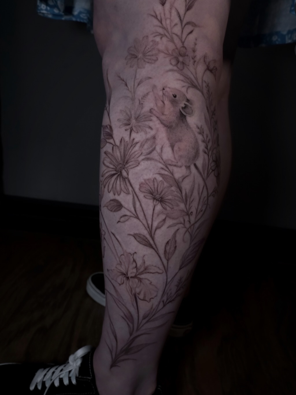 Mouse and floral realism tattoo on the forearm by AL 777, Denton, Texas