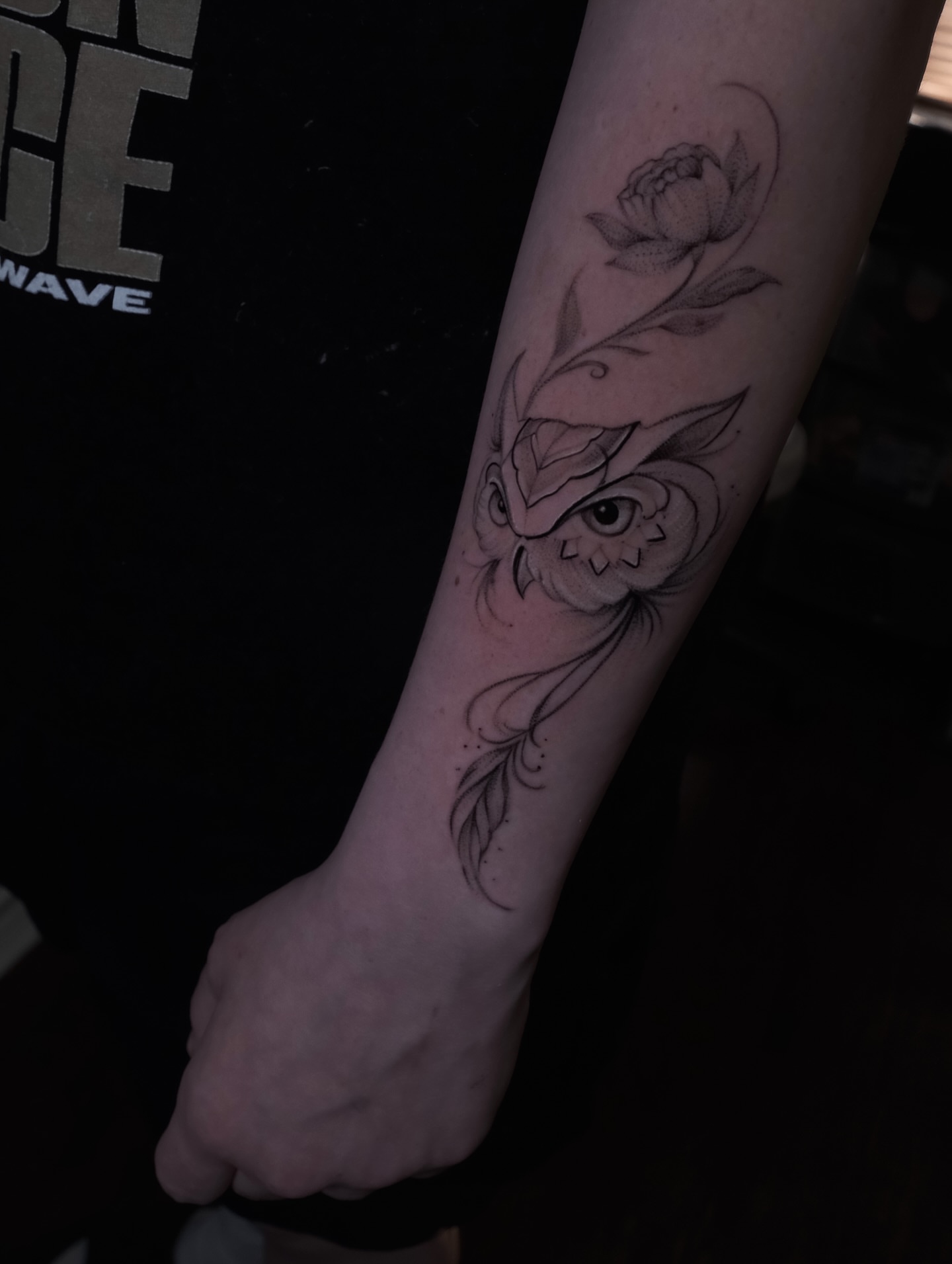 Peony and dragon black and grey tattoo on the forearm by AL 777, Denton, Texas