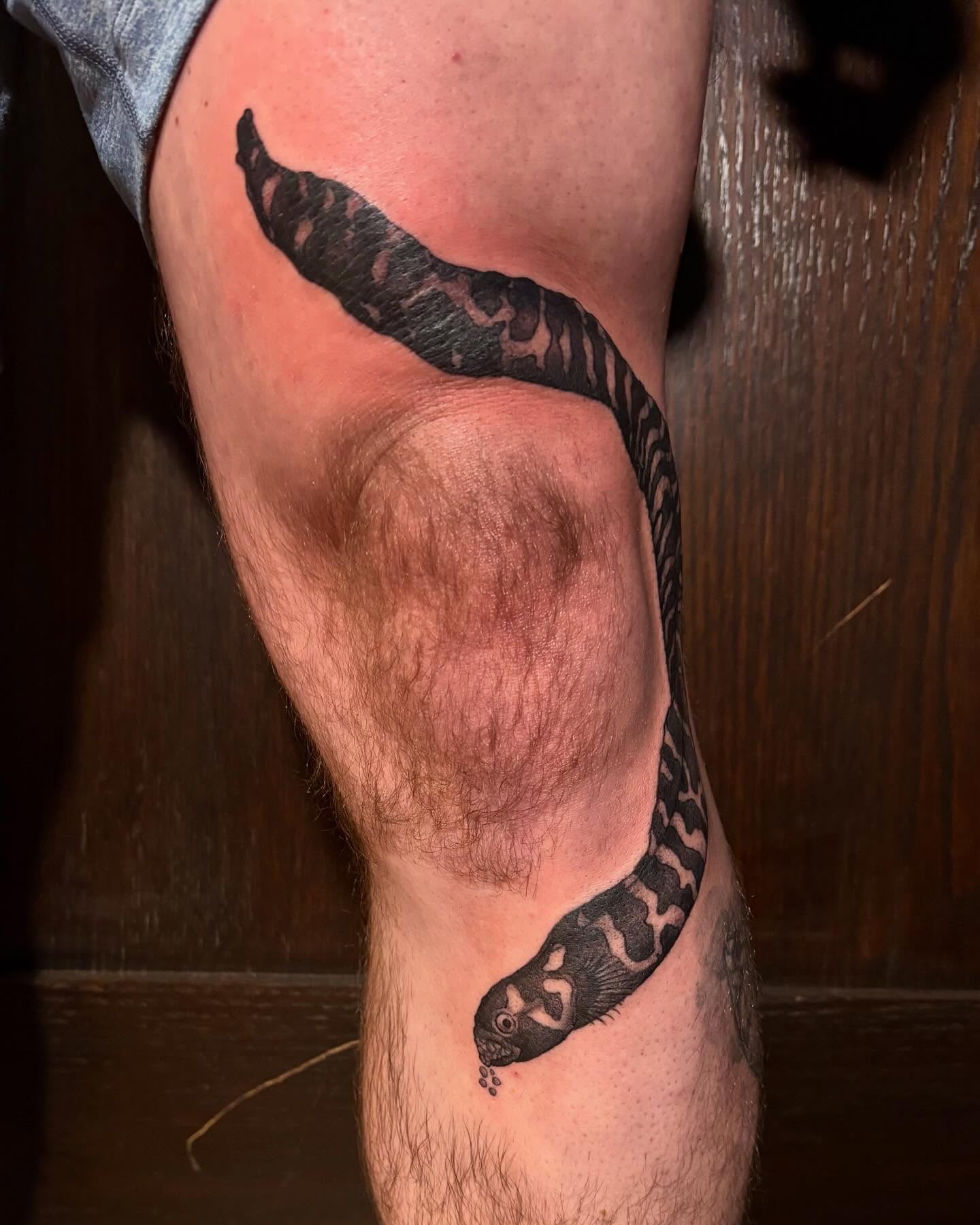 Snake black and grey tattoo on the forearm by kane