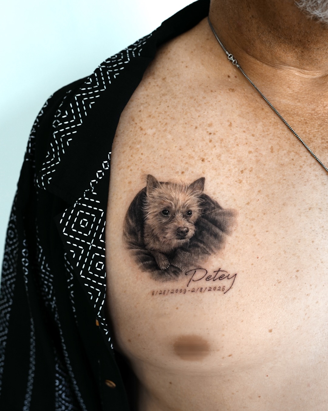 Dog realism tattoo on the chest by Ria Kim 김리아