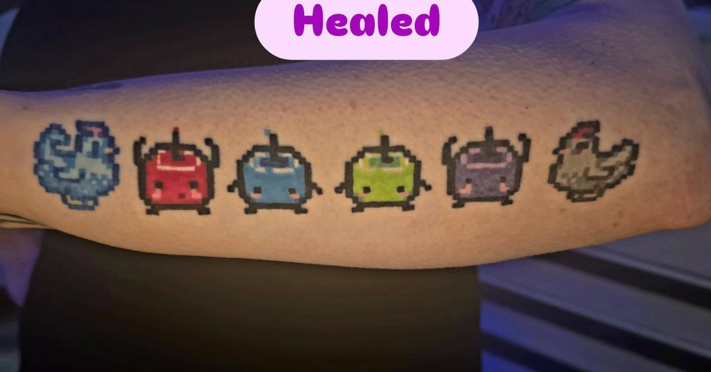 Pixel art characters tattoo on the forearm by Karley Michelle Moody
