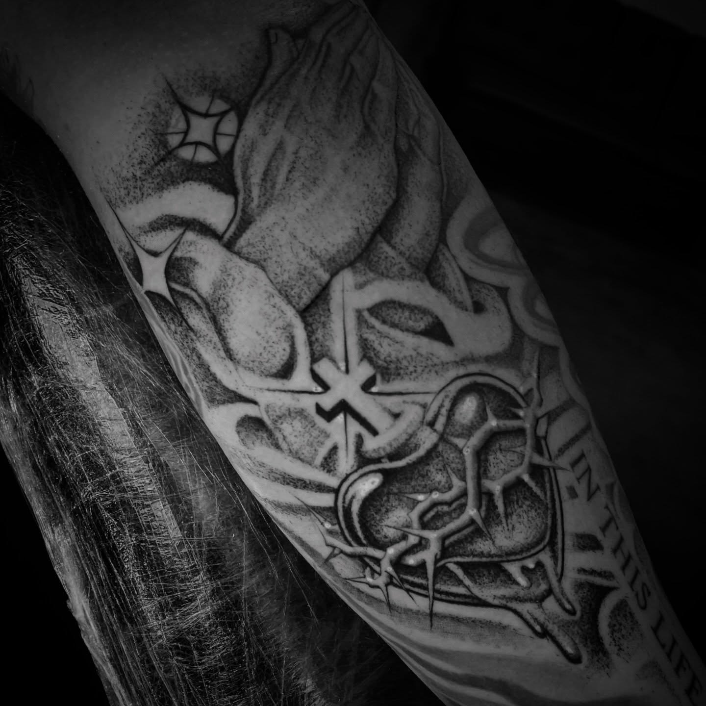 Praying hands with cross dotwork tattoo on the forearm by Shadoww Espinoza