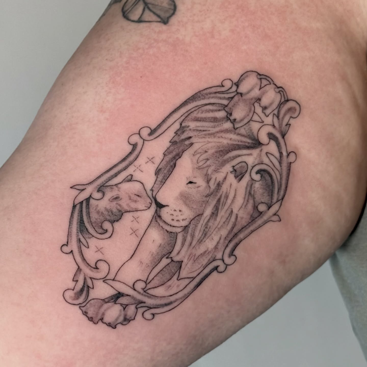 Lion and lamb realism tattoo on the upper arm by autumn sky