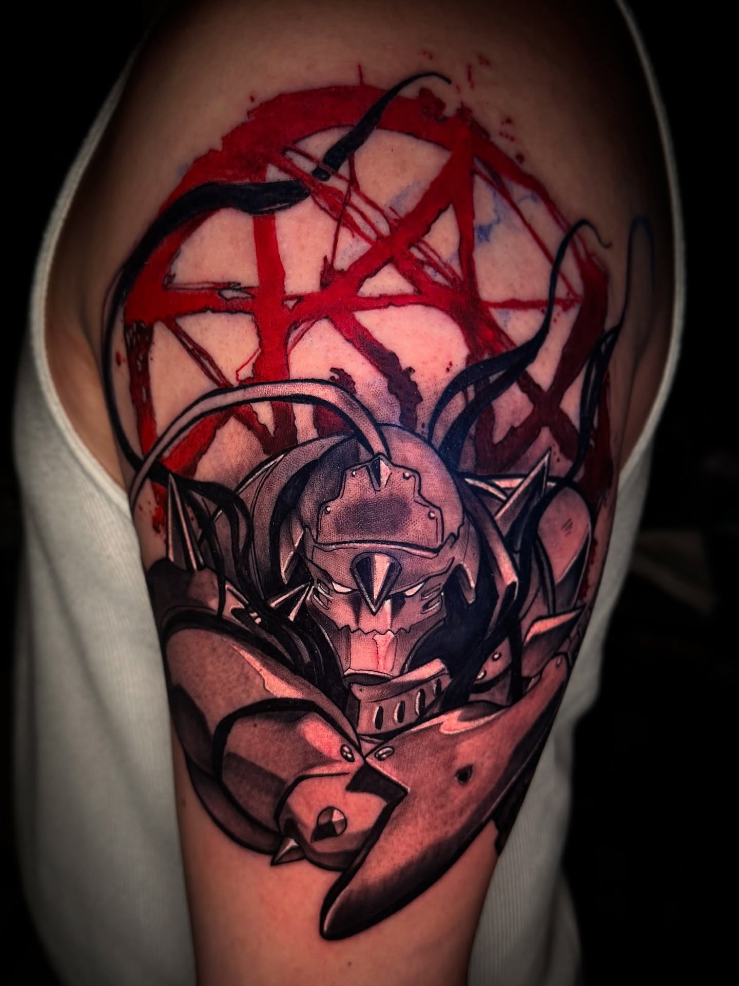Mecha dark realism tattoo on the shoulder by Aiden Madrigal
