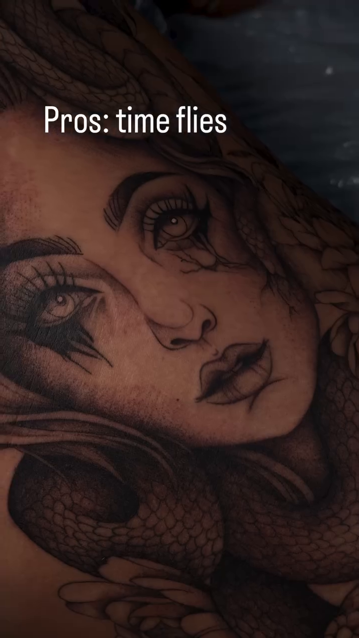 Woman with snakes and skulls realism tattoo on the leg by 𝔍𝔲𝔩𝔦𝔞, New York, New York