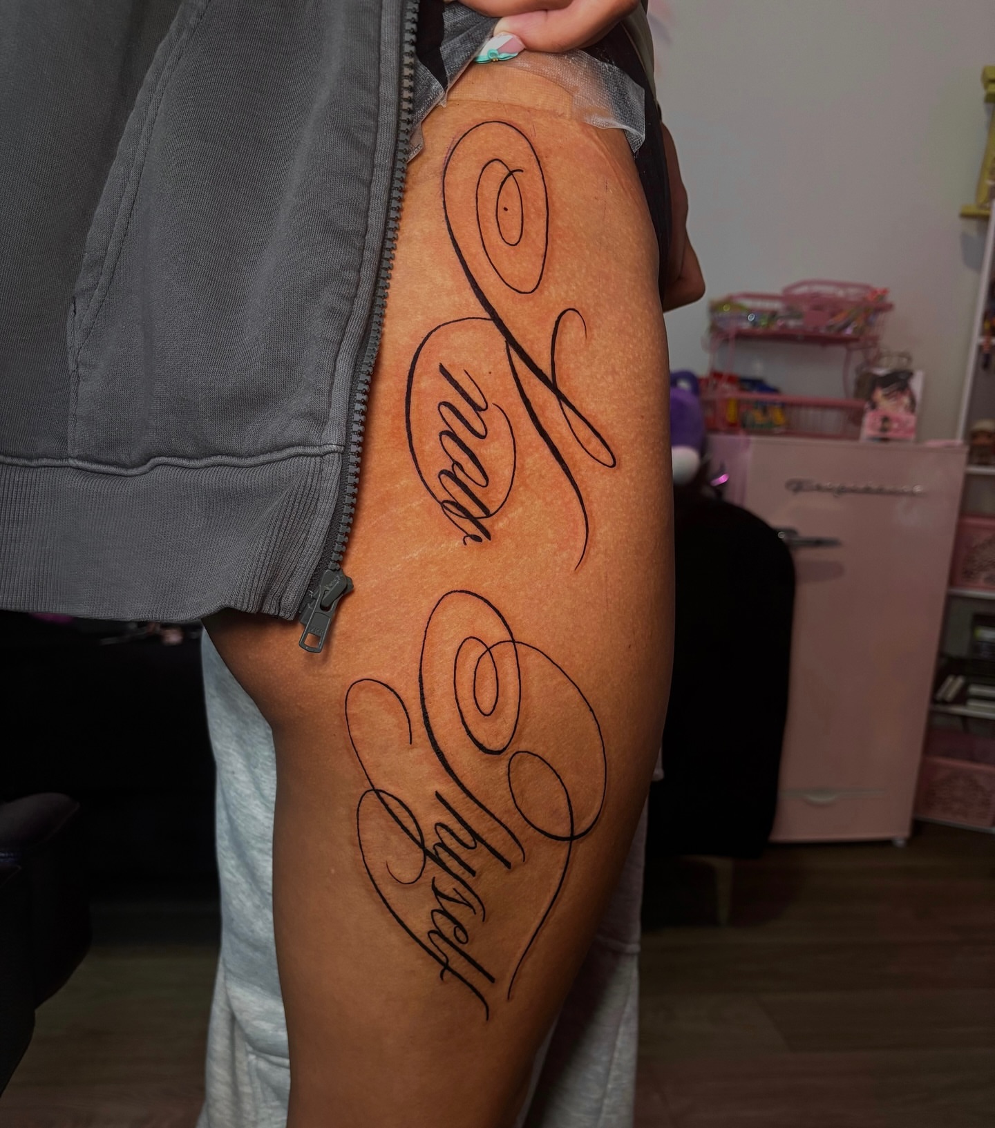 Script lettering lettering script tattoo on the thigh by πππππππ ππππππ π¨πππππ