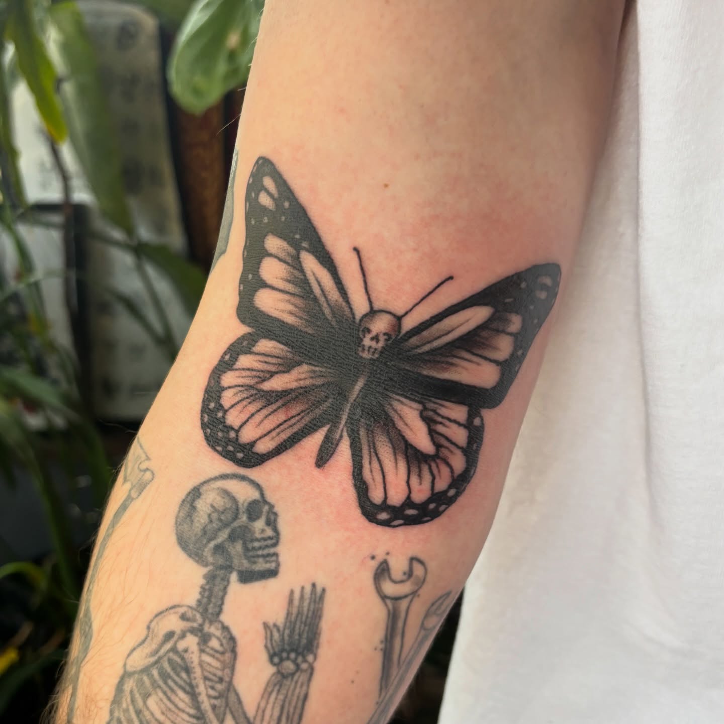 Butterfly black and grey tattoo on the forearm by Lilly Evans