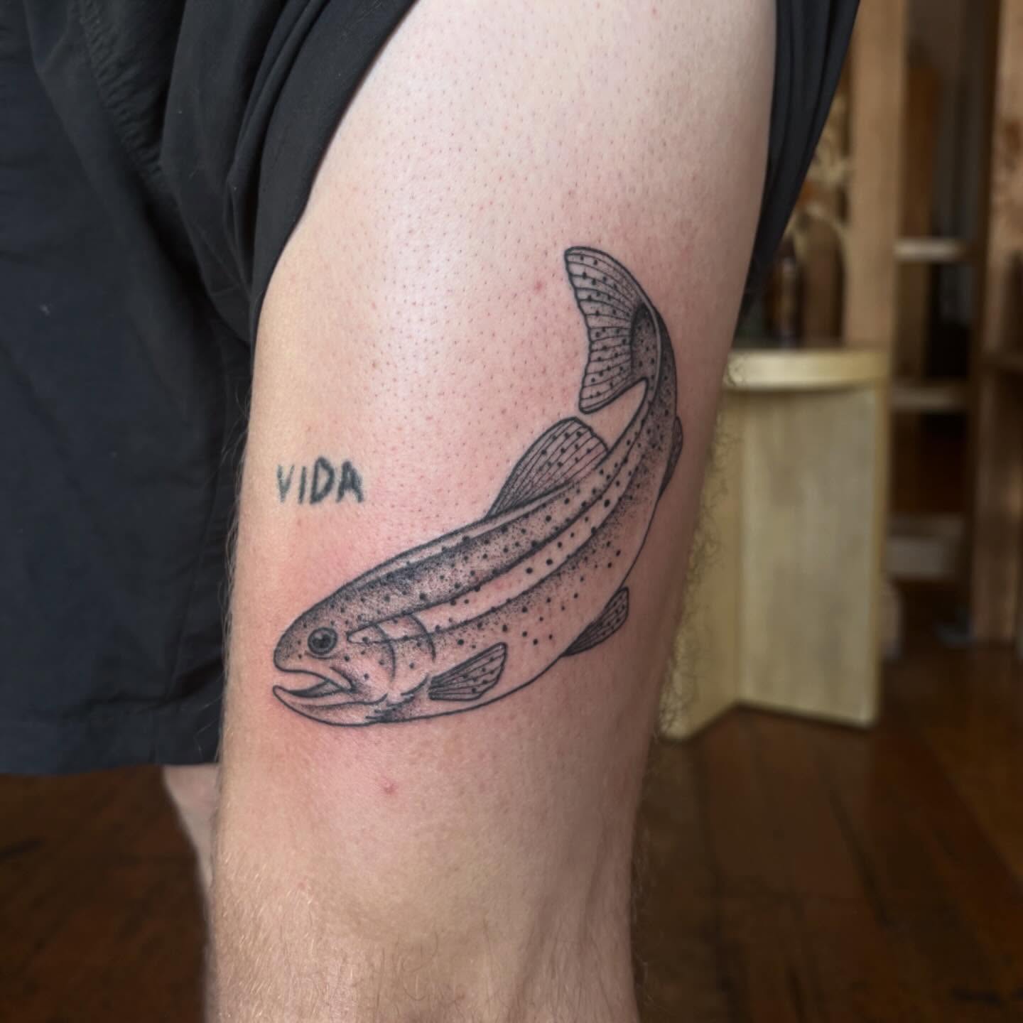 Trout dotwork tattoo on the forearm by ♥ Allie Moon ♥