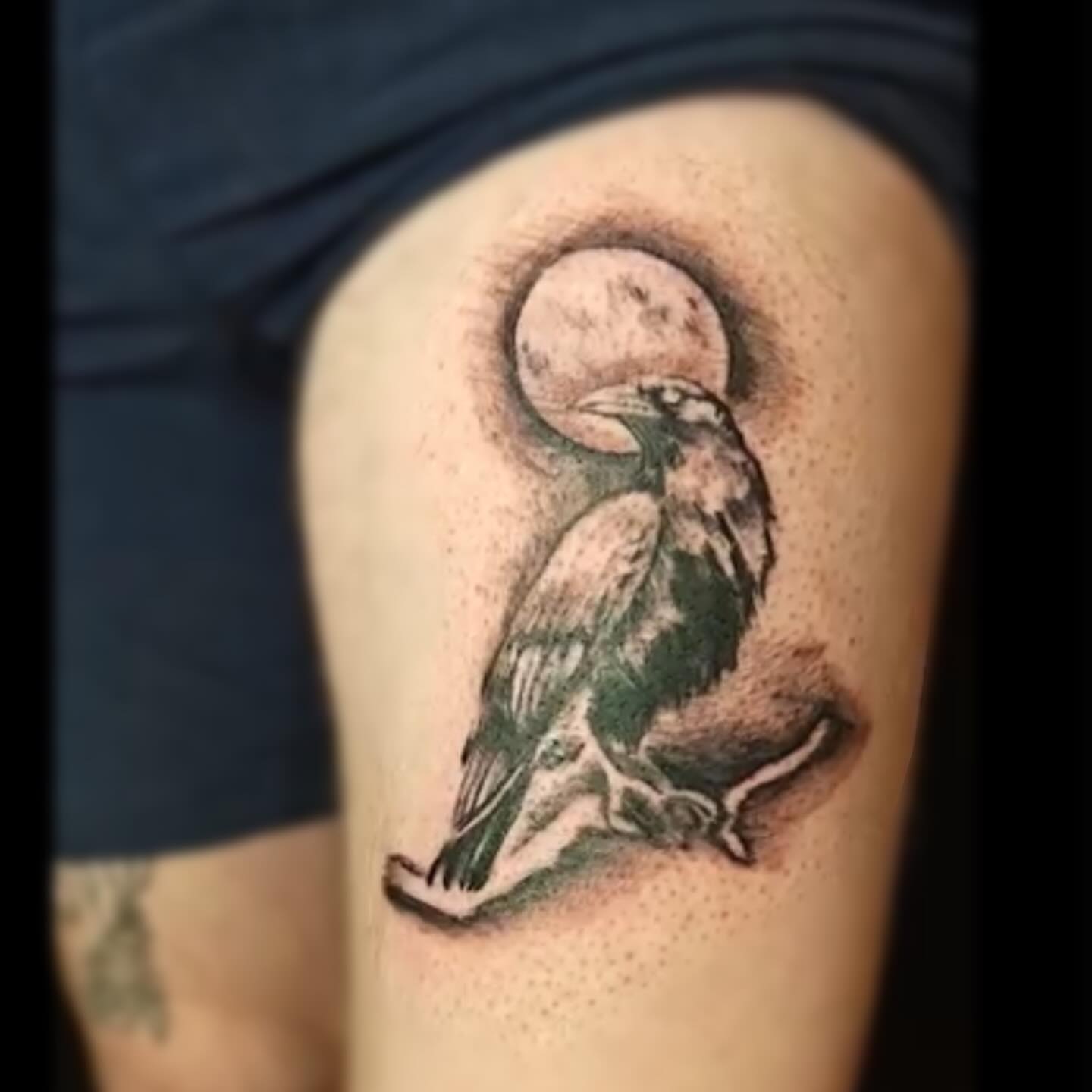Crow and moon dotwork tattoo on the thigh by Sebastiana