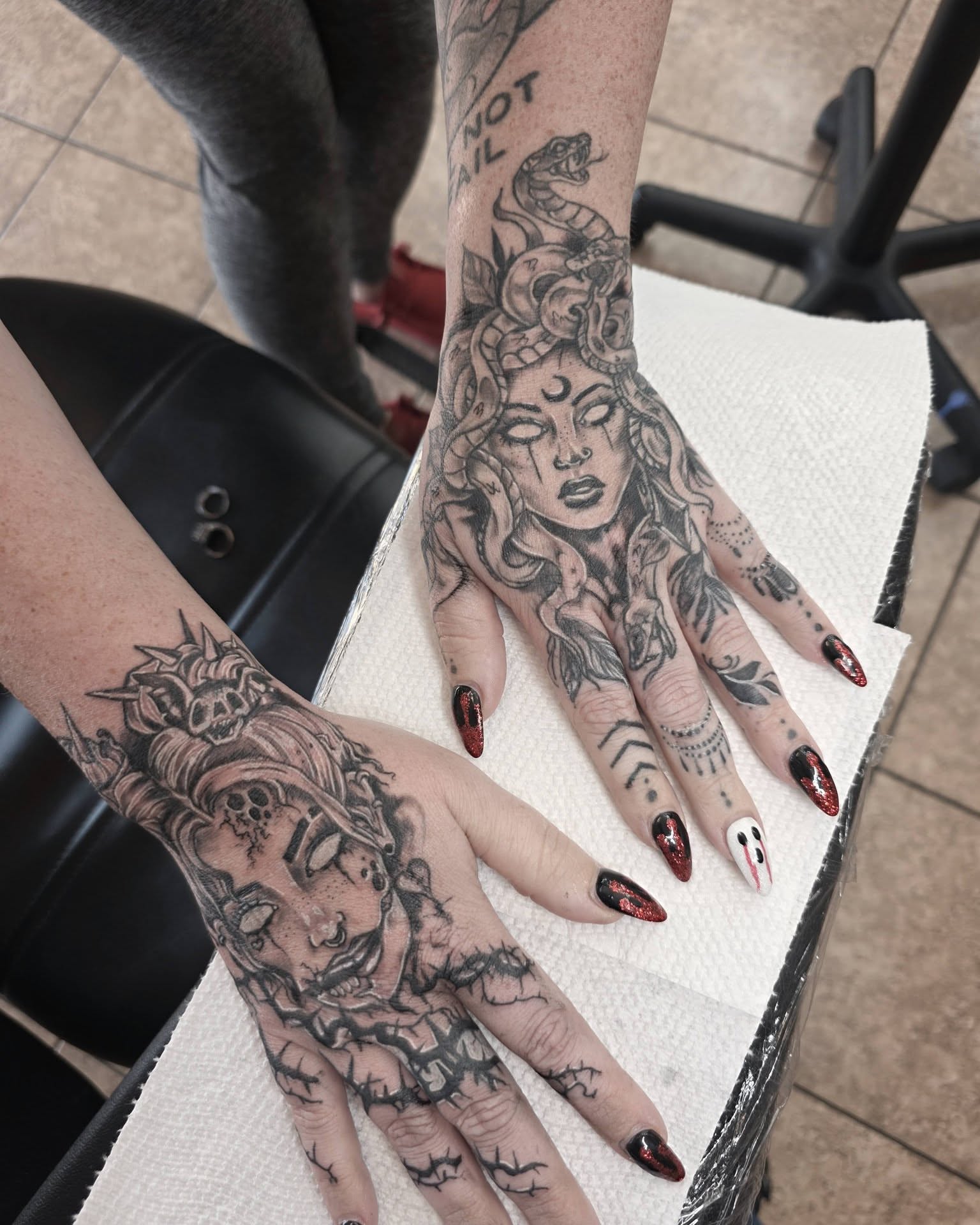 Medusa realism tattoo on the hand by Jessica DarkRabbit