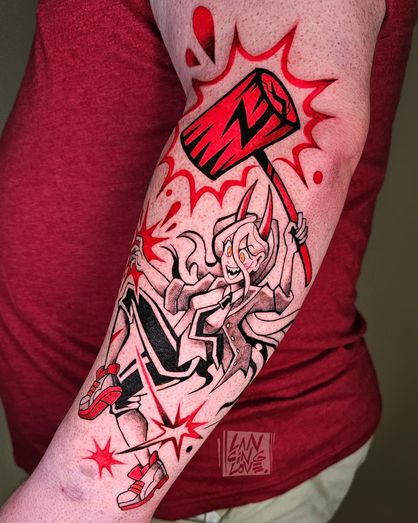 Hammer-wielding character anime tattoo on the forearm by Lancinglove
