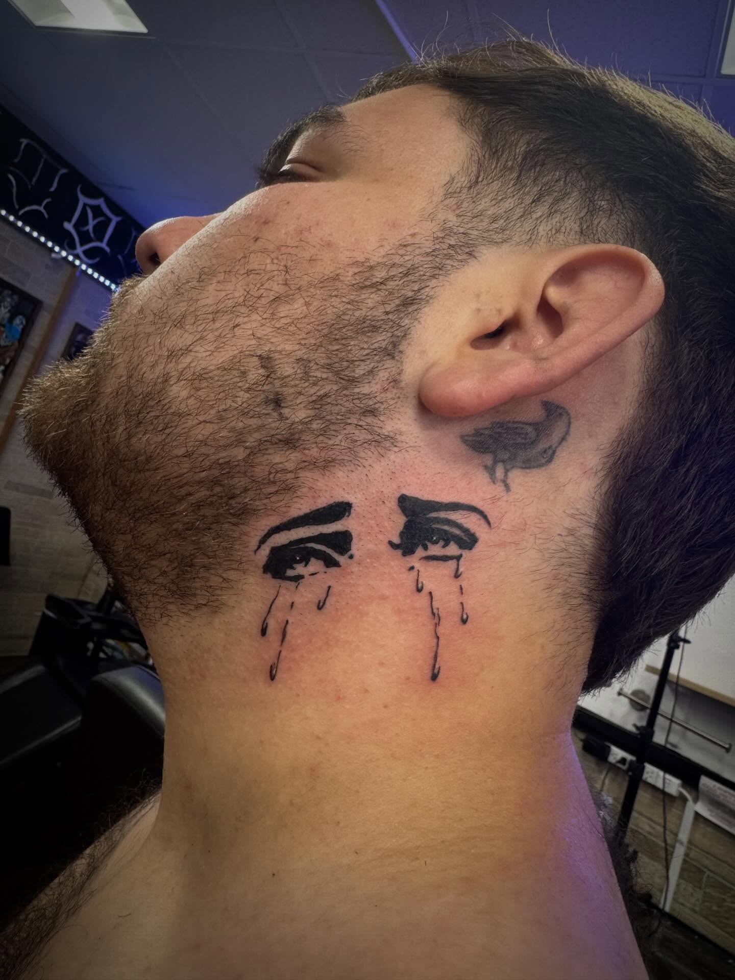 Tears black and grey tattoo on the neck by LeLe