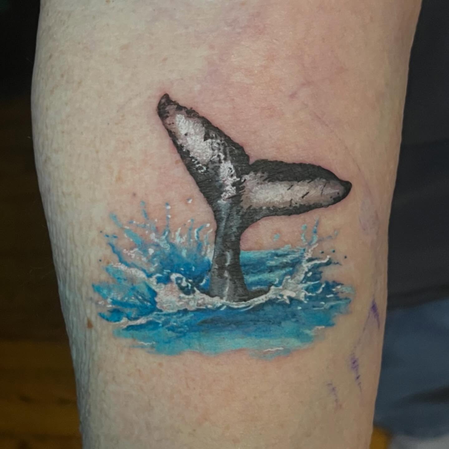 Whale tail realism tattoo on the leg by Lenny Paul - Ohio Tattoo Artist, Canton, Ohio
