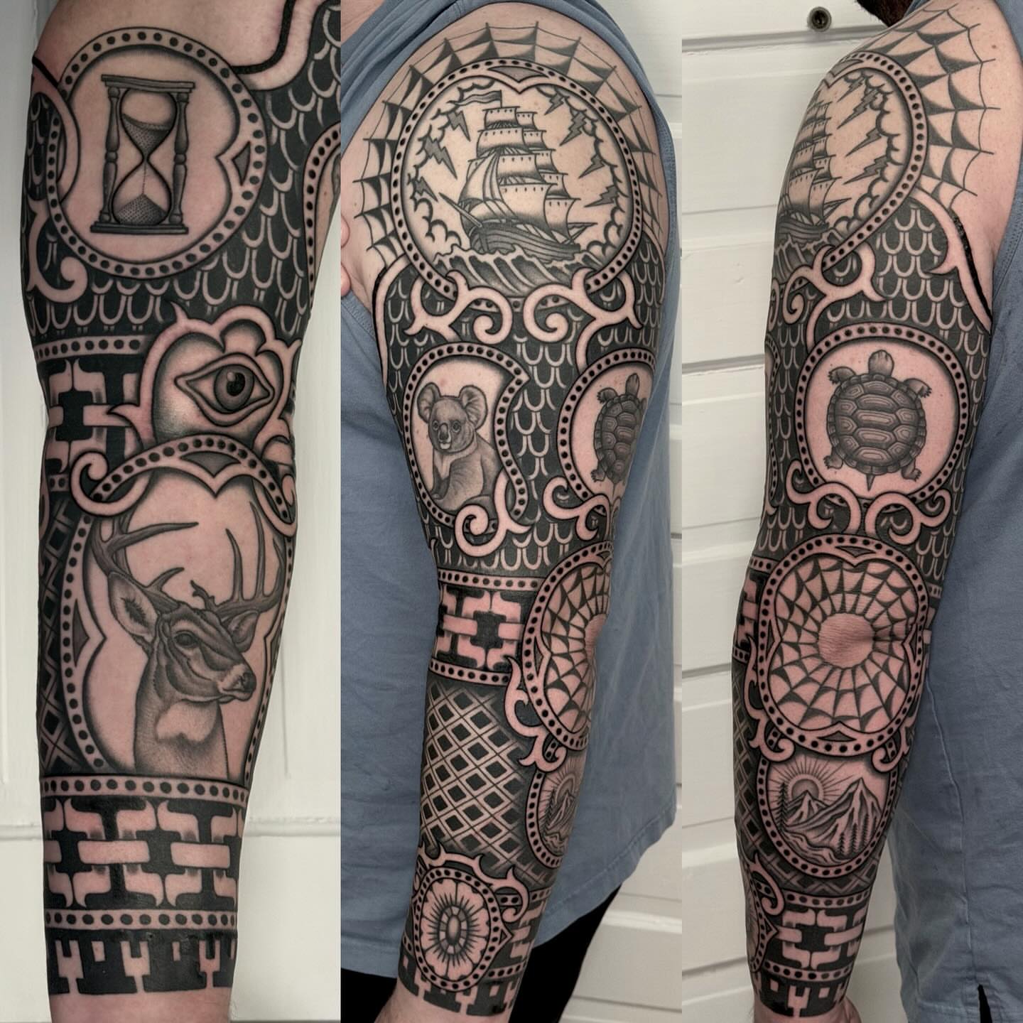 Nautical and symbolic motifs geometric tattoo on the forearm by Michael Barnhill Tattooer, Charlotte, North Carolina