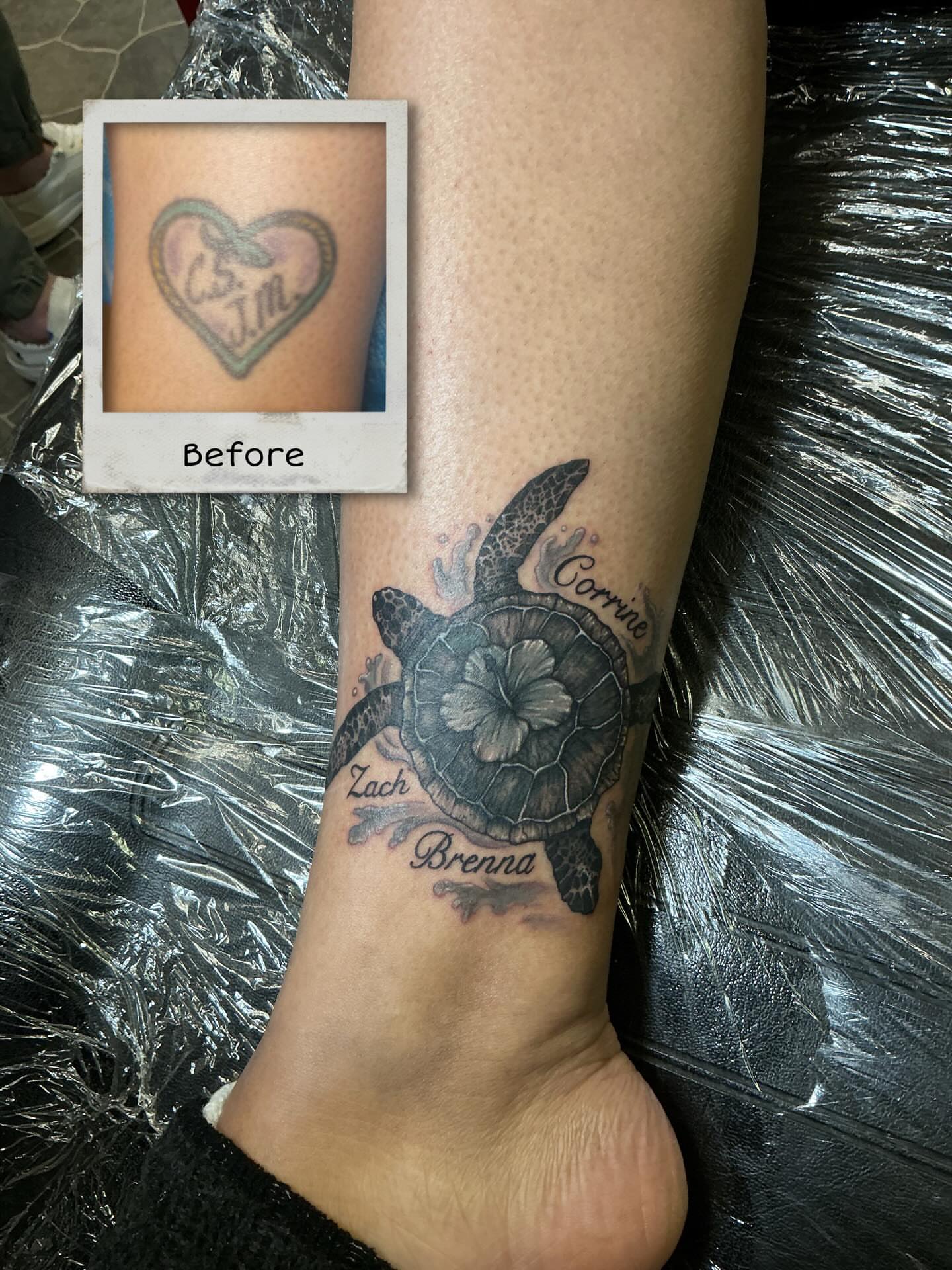 Turtle with flower black and grey tattoo on the foot by Brookelyn